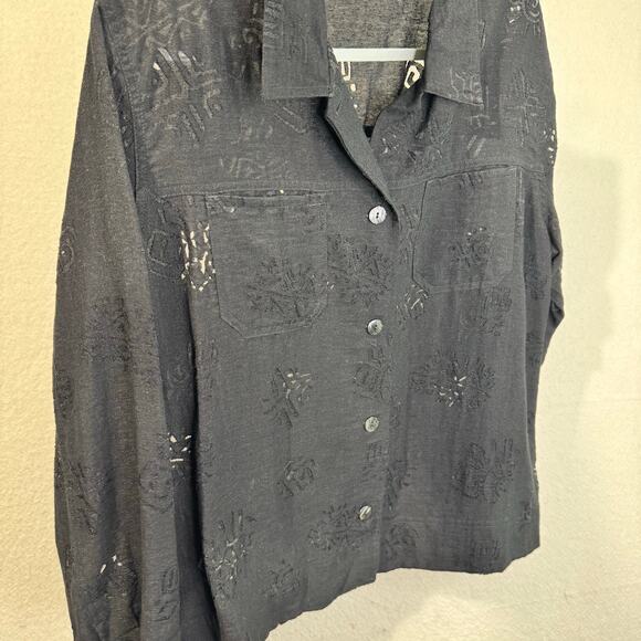 Chico’s Black Burnout Primal Print Textured Button-Up Boxy Shirt Large 90s VTG - Picture 6 of 7